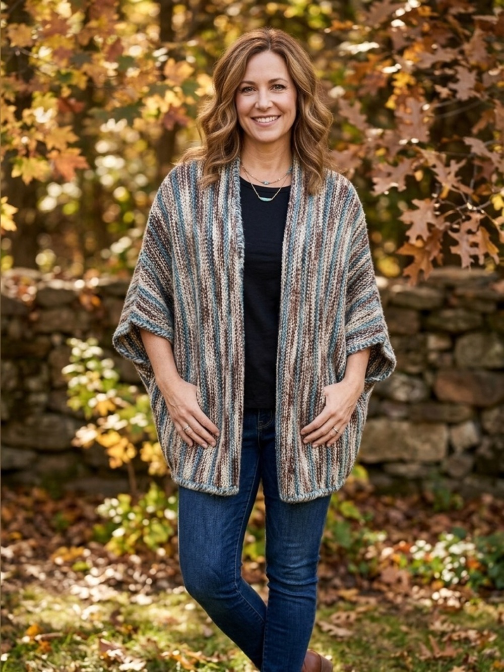 POL | Brown and Blue Striped Sweater Poncho | Sz L